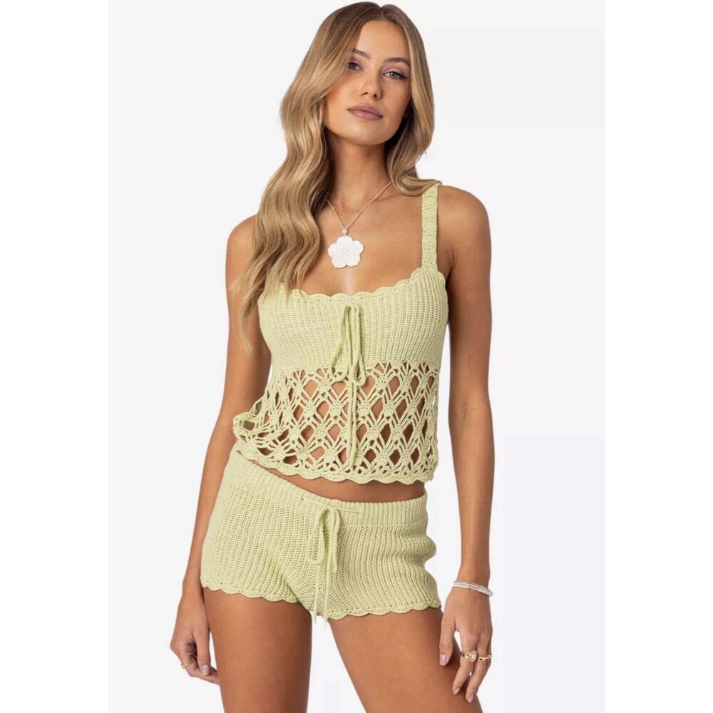 Knit Crochet Boho Crop Top Tank Top Green Women's Editkted XS Scalloped Trim